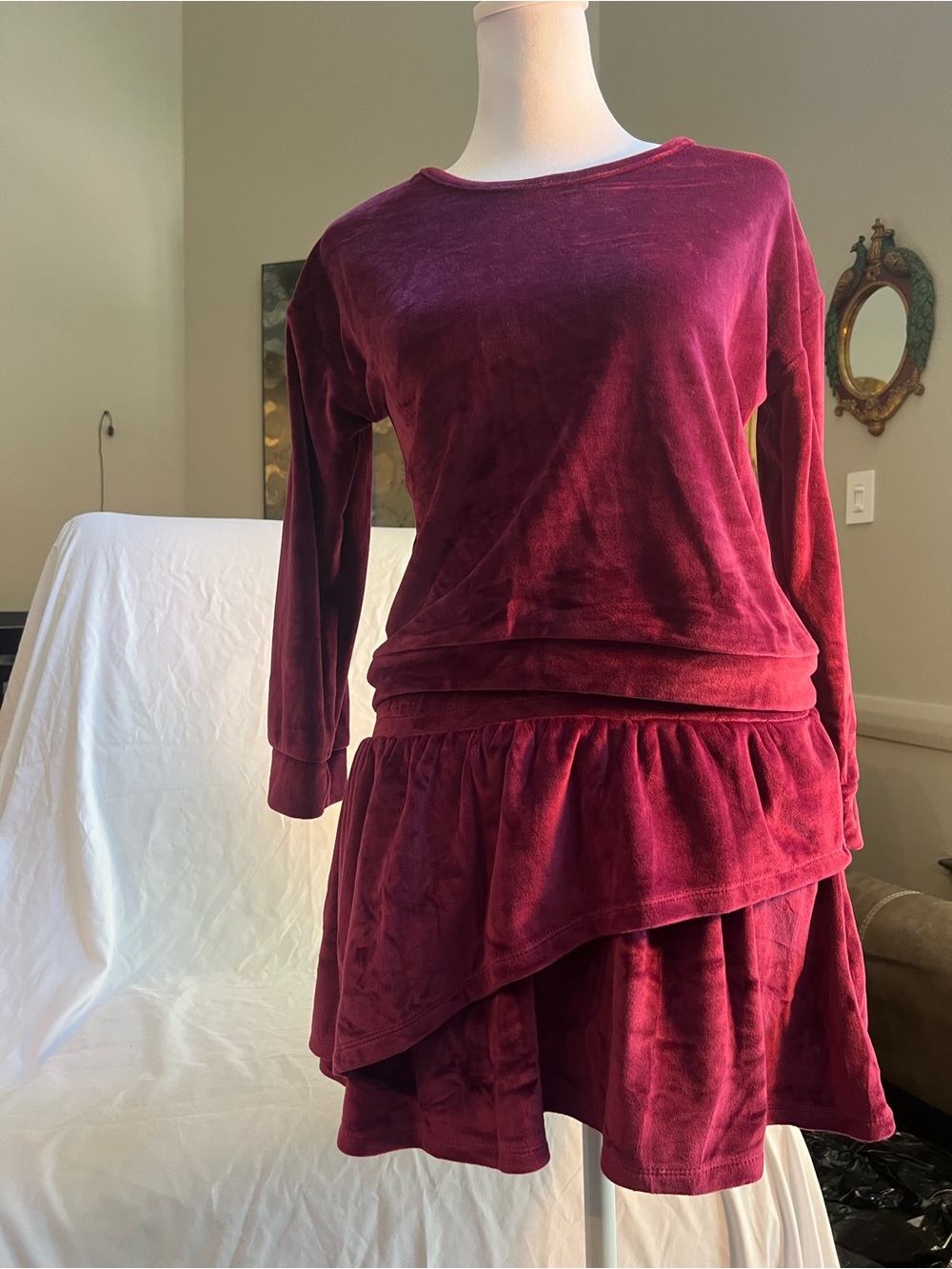 btween Y2K Burgundy Velvet Ruffle Skirt Set Size 14